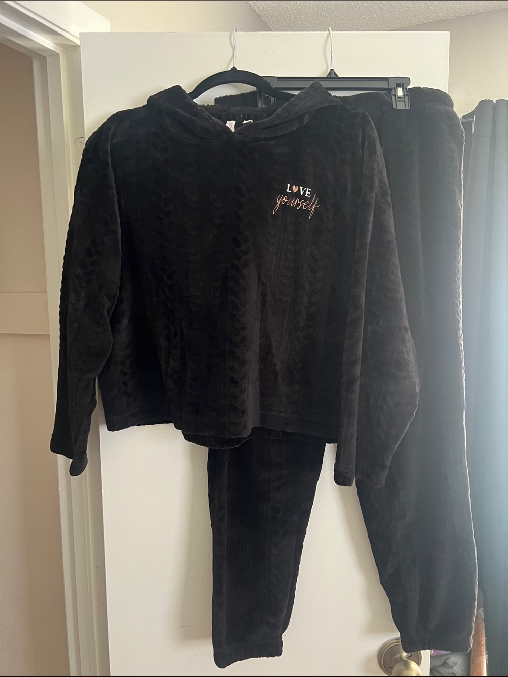 Cozy Black Women's Hooded Pajama Set - Love Yourself Embroidery